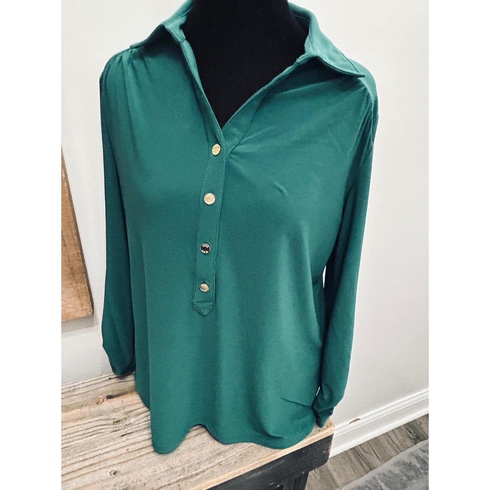 Anne Klein Womens Small Hunter Green Henley Blouse Gold Logo Buttons Long Sleeve - Picture 9 of 9